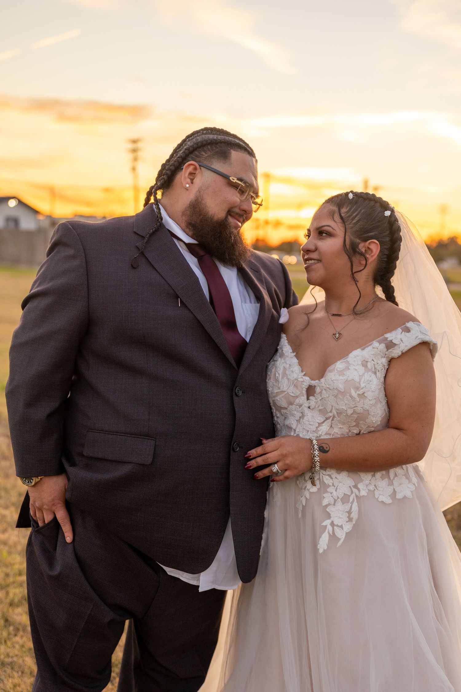 A romantic wedding photo sequence showing tender moments between newlyweds at sunset.