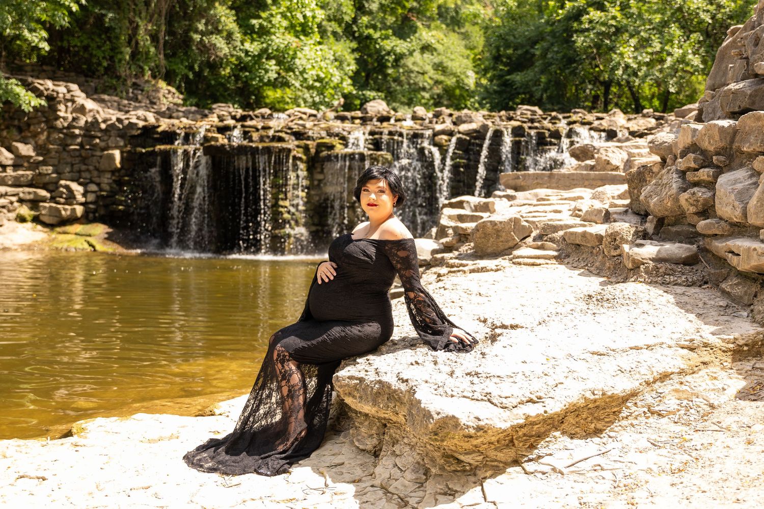 Series of scenic waterfall shots with rocks and natural water features.