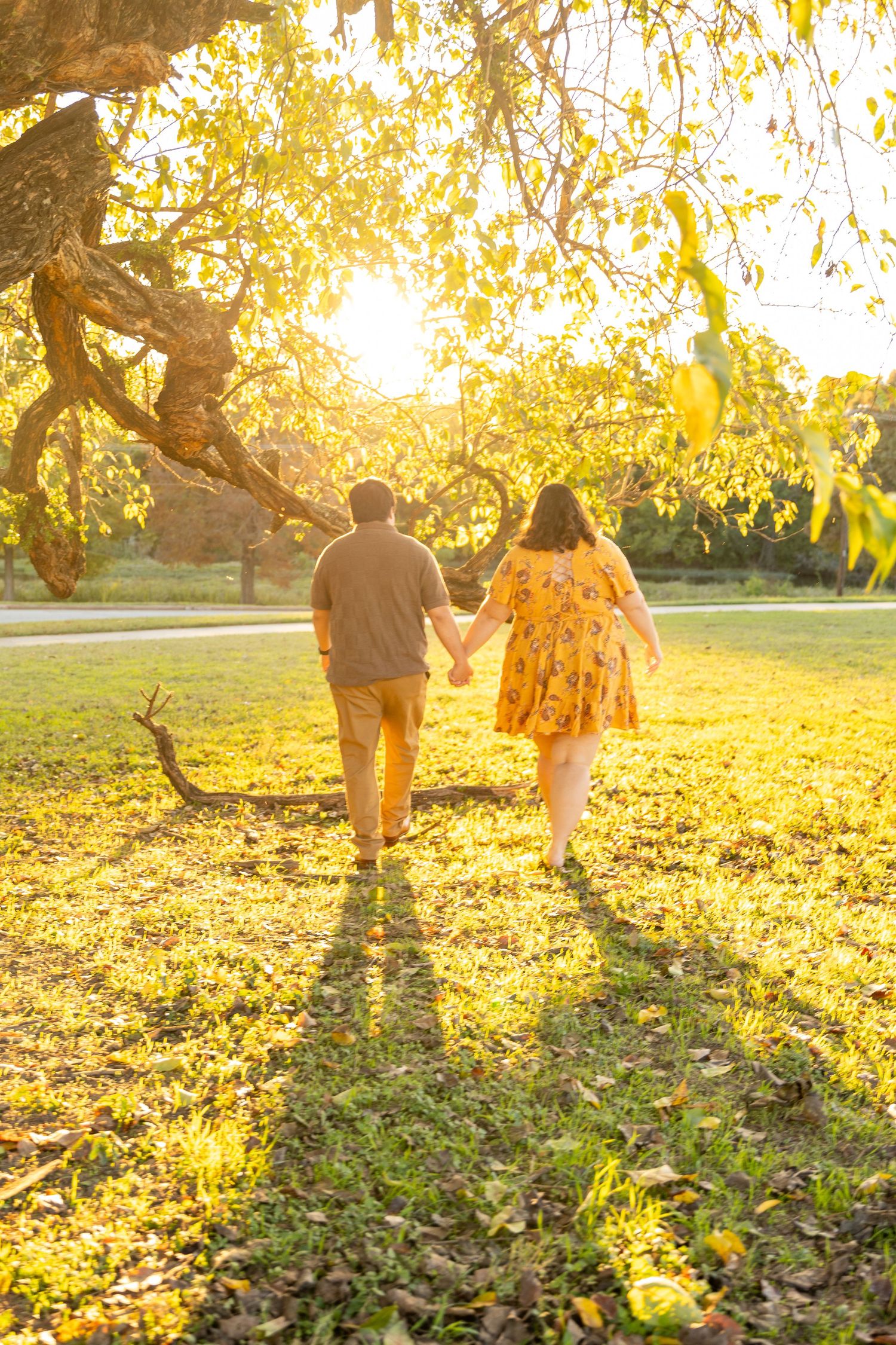 Silhouettes of a couple walking through a golden sunlit field at sunset.