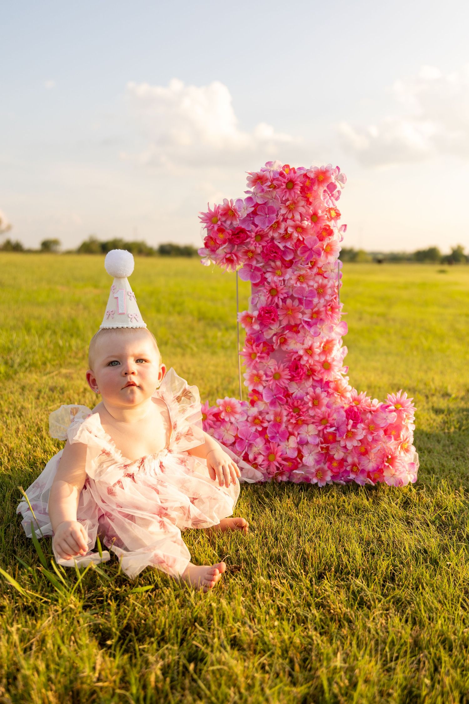 Pink floral number one display with baby in pink dress on grassy field at sunset.