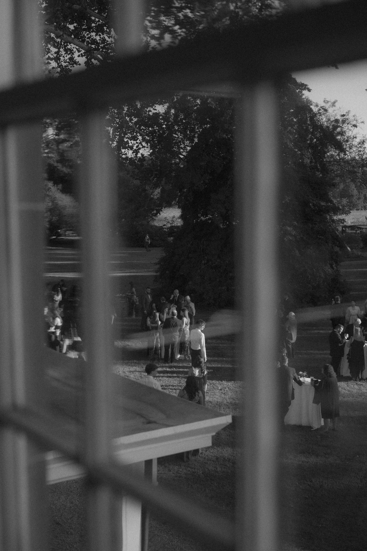 Black and white view through window panes of people gathered outdoors on a lawn during a social event. Piney grove, Maryland