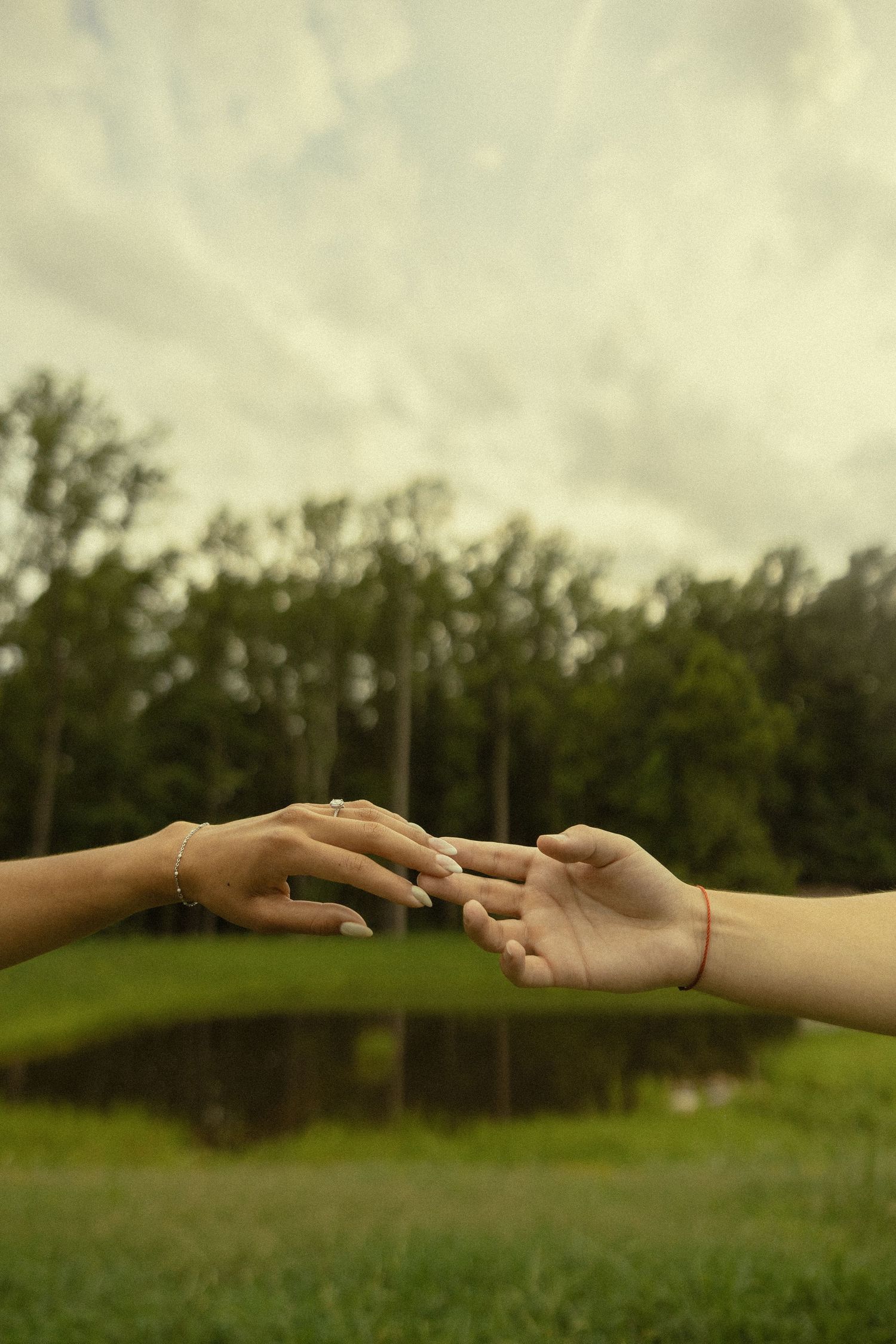 Two hands reaching toward each other outdoors, with green trees and a pond in the background under a cloudy sky.