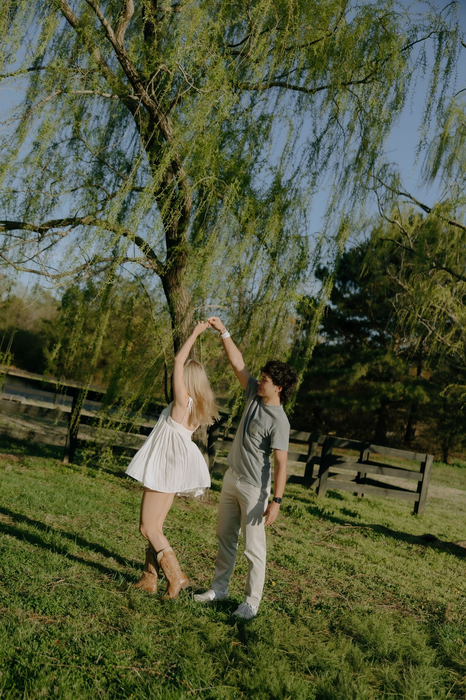 A couple dances together under a weeping willow tree on a sunny green lawn near a wooden fence.