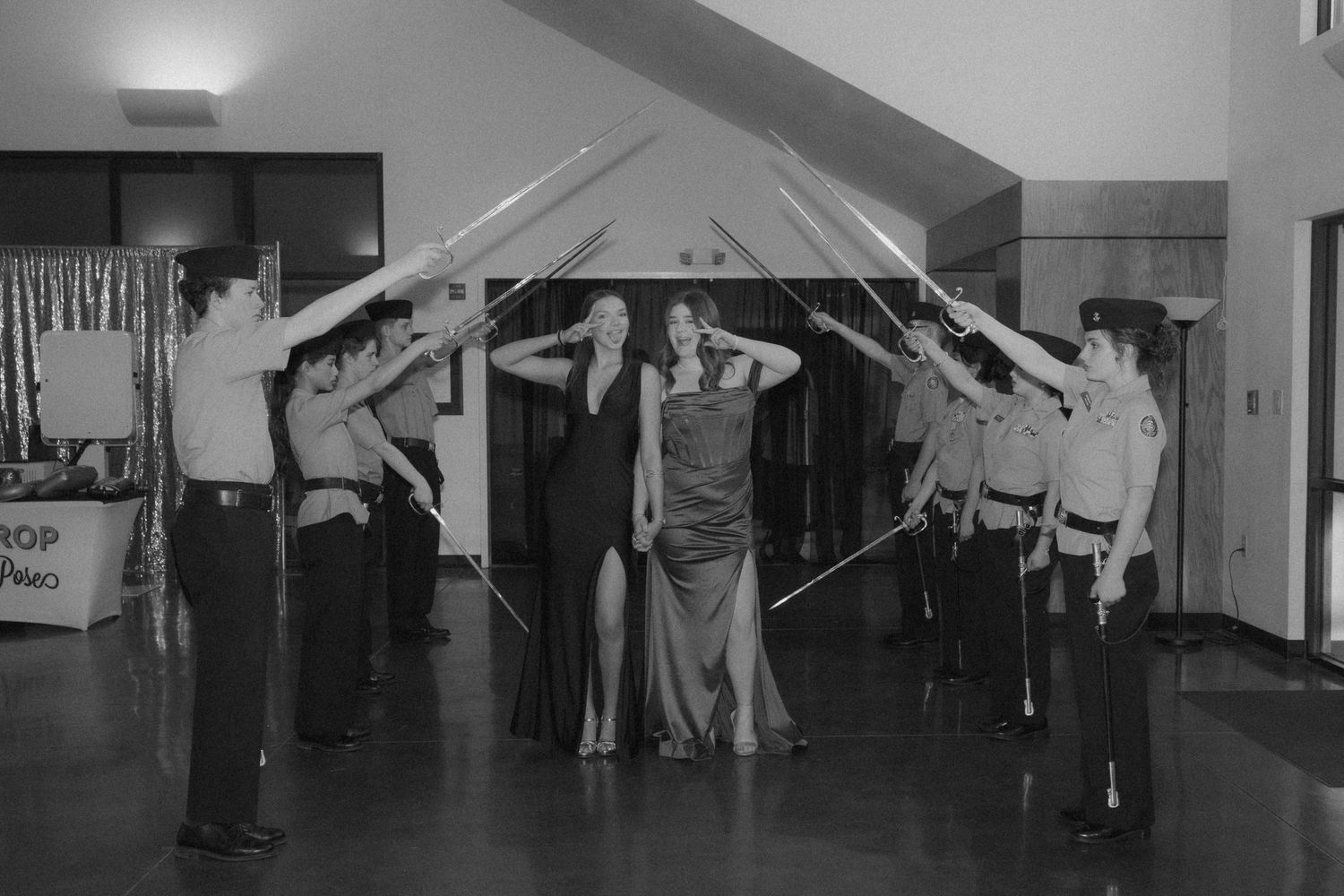 black and white photo from Yorktown NJROTC Military Ball sword arch aptured by virginia event photographer