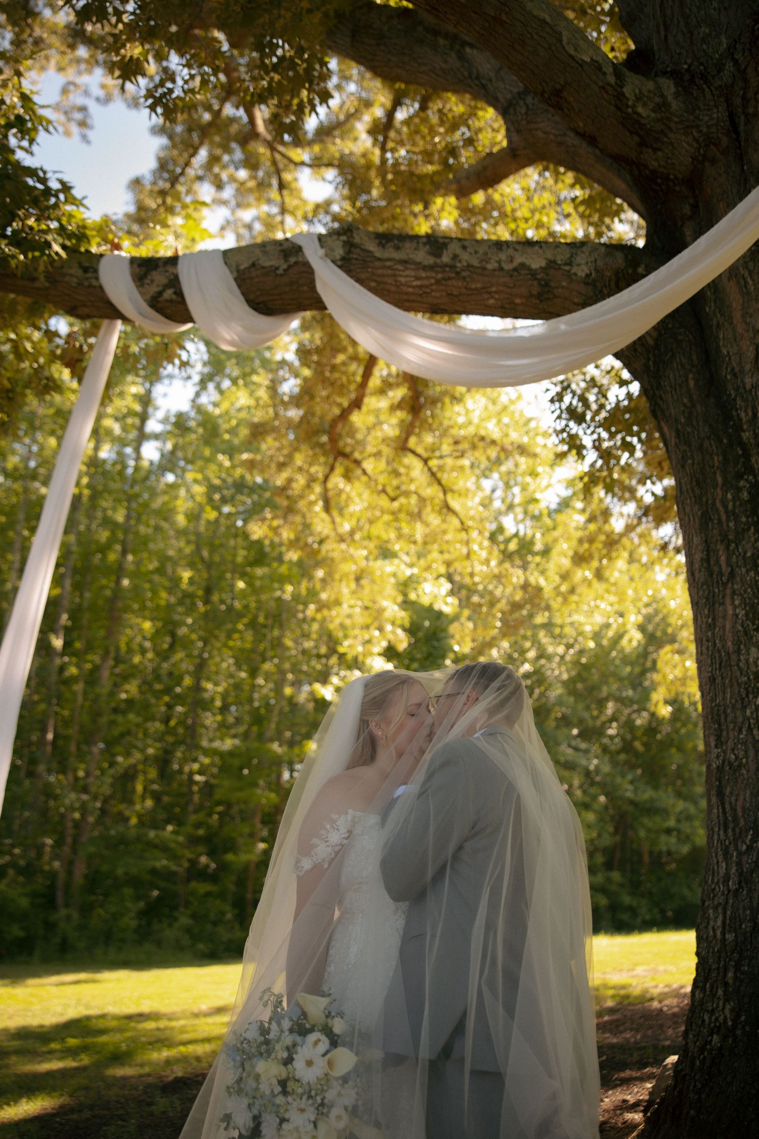 Bride and groom share a kiss under a white draped tree arch during an outdoor wedding ceremony.