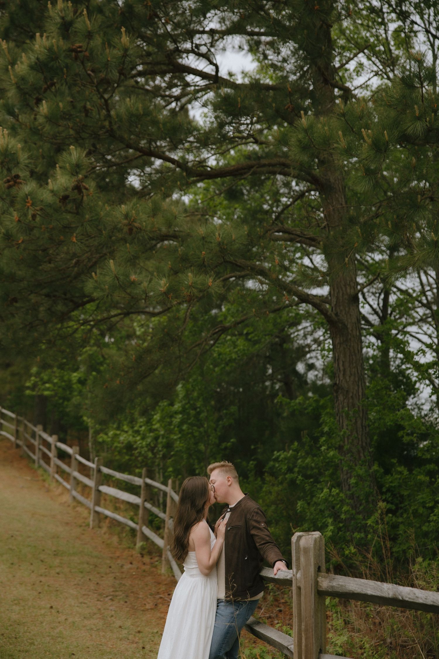A couple shares a romantic kiss beside a rustic wooden fence surrounded by lush green pine trees on a nature trail.