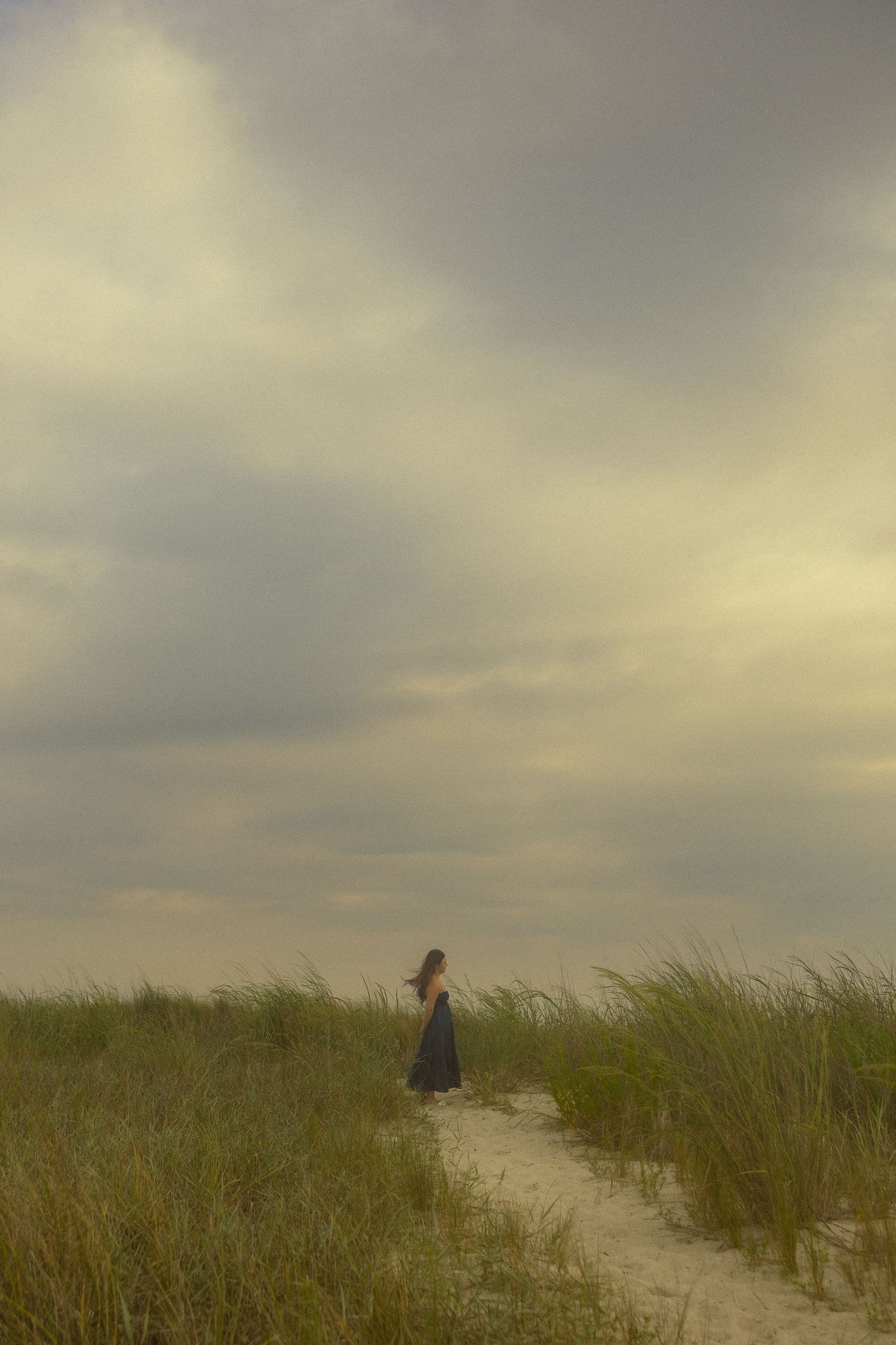 A woman in a dark dress stands on a sandy path among tall grass under a dramatic cloudy sky.
