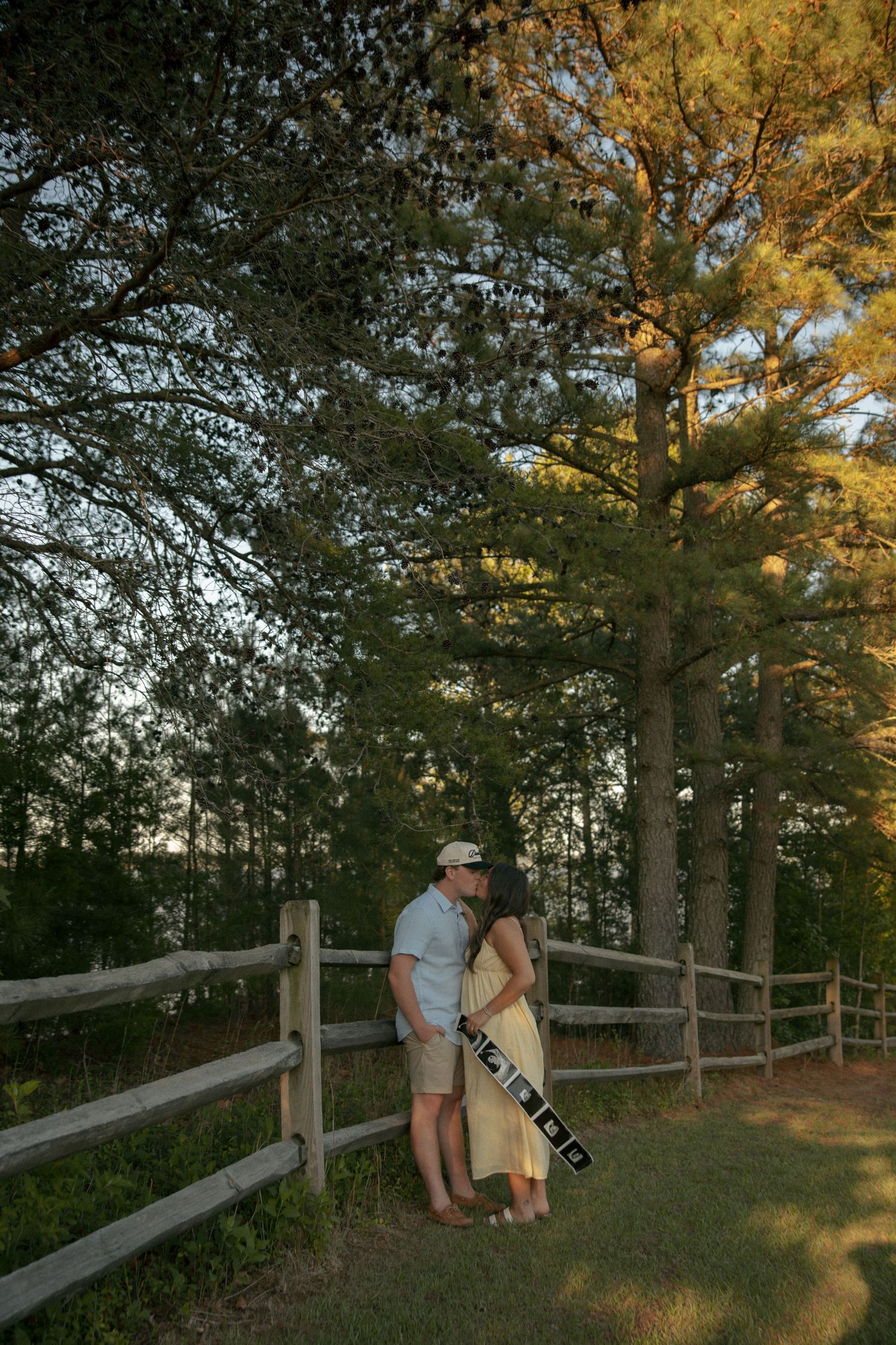 Couple kissing by rustic wooden fence at golden hour surrounded by tall pine trees, woman in yellow dress holding ultrasound photos.