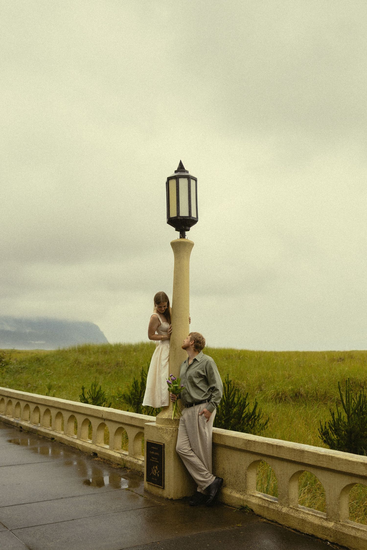 Couple in elegant attire standing by ornate balustrade with lamp post, overlooking lush green fields on overcast day.