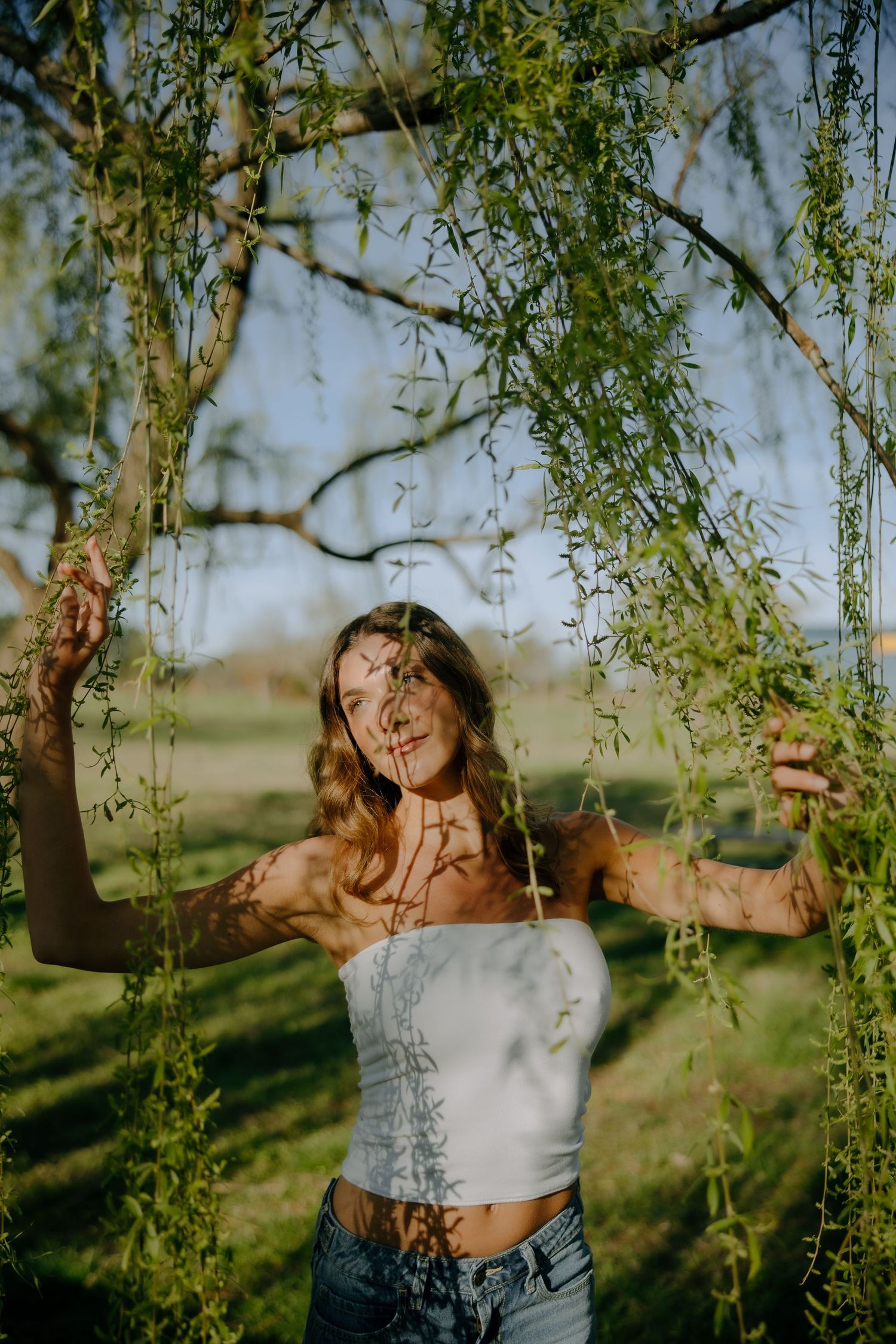 Woman in white crop top and jeans holding willow tree branches outdoors in golden sunlight.