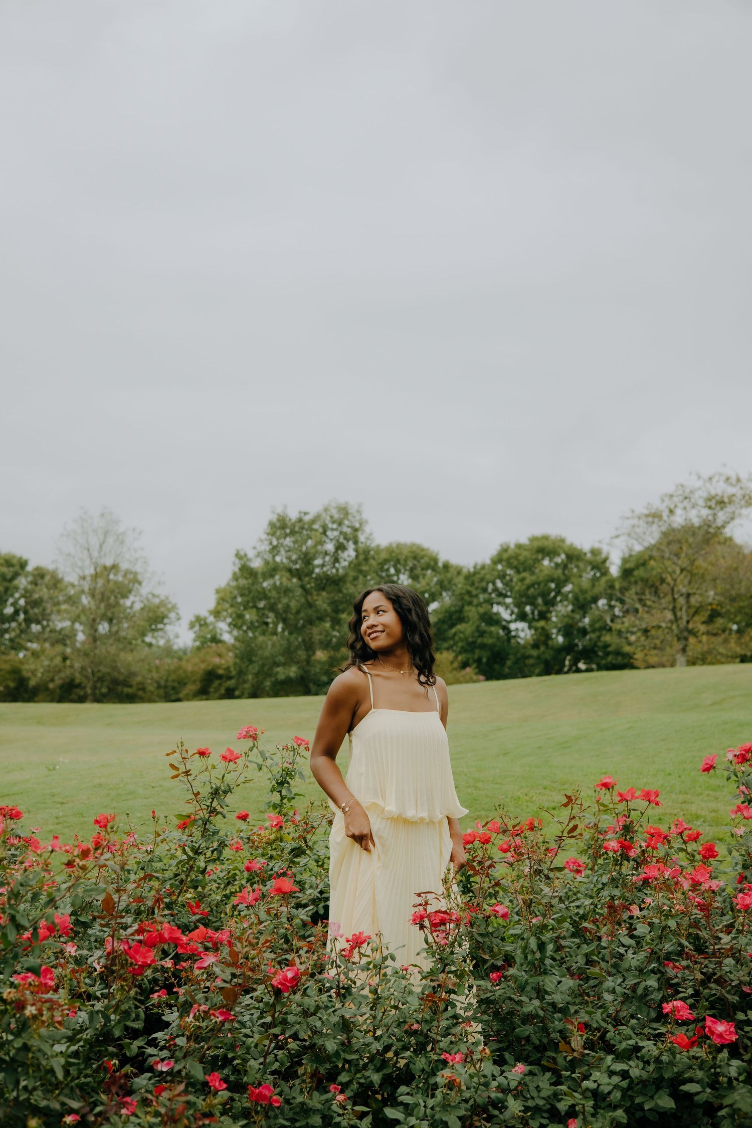People in light dresses standing near blooming red rose bushes in a garden.