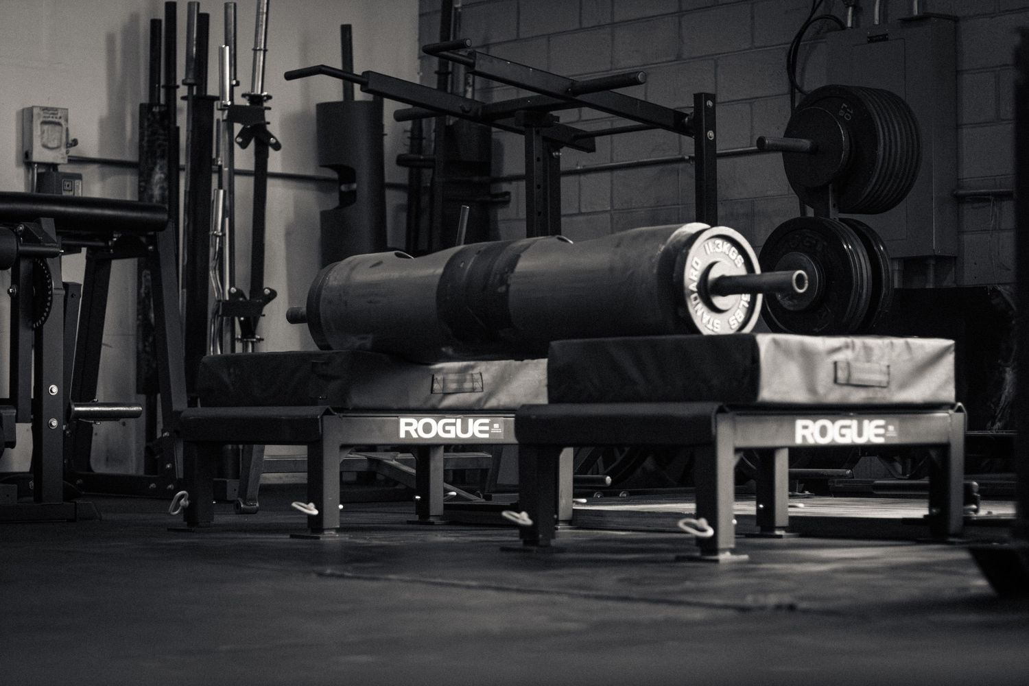 Black and white photograph of gym equipment and weight plates in dark setting.