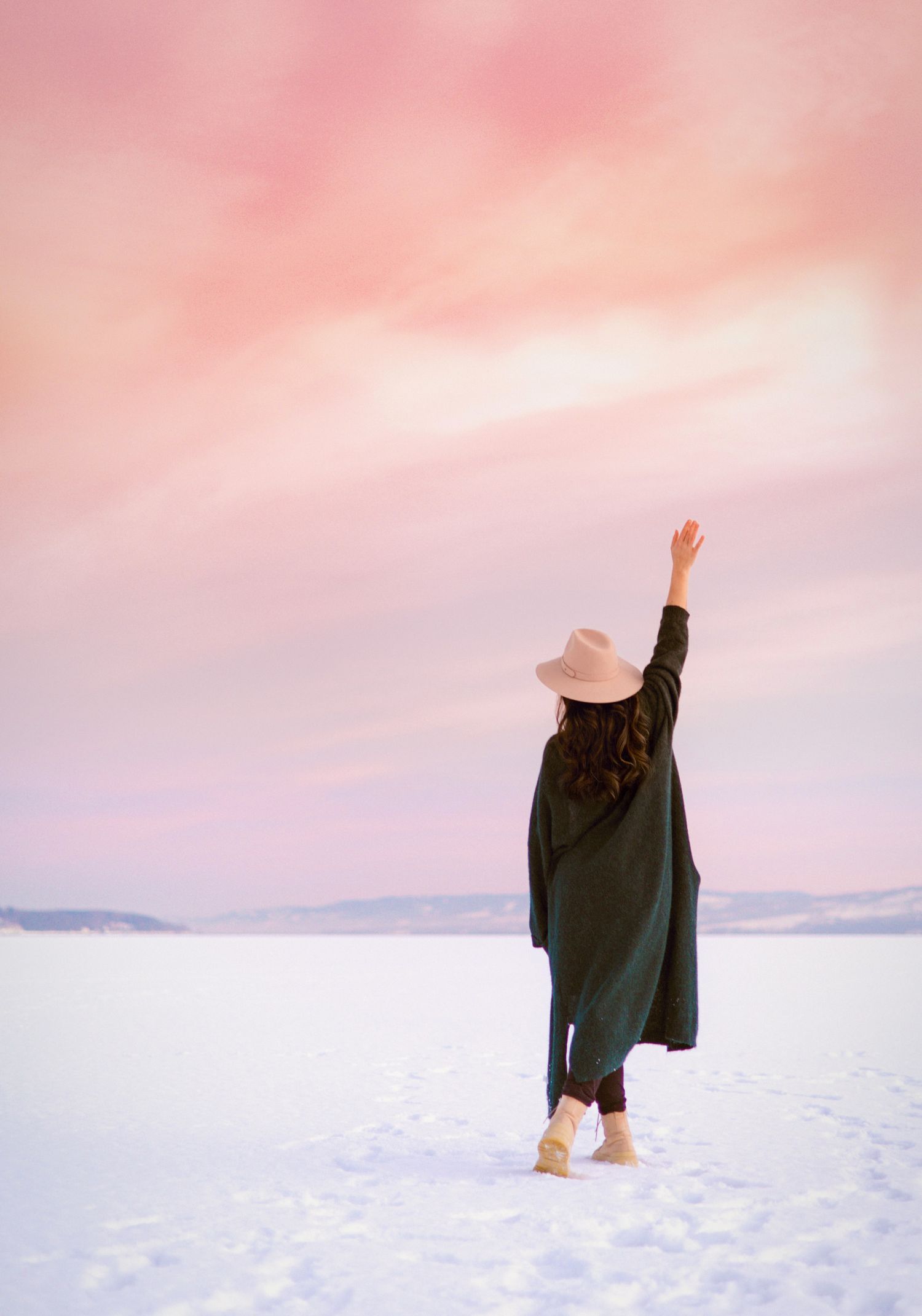 A sequence of silhouettes walking through snowy terrain against a pink sunset sky.