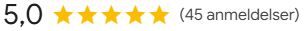 5-star rating graphic showing 5 gold stars with a score of 5.0 based on 45 reviews in Danish.