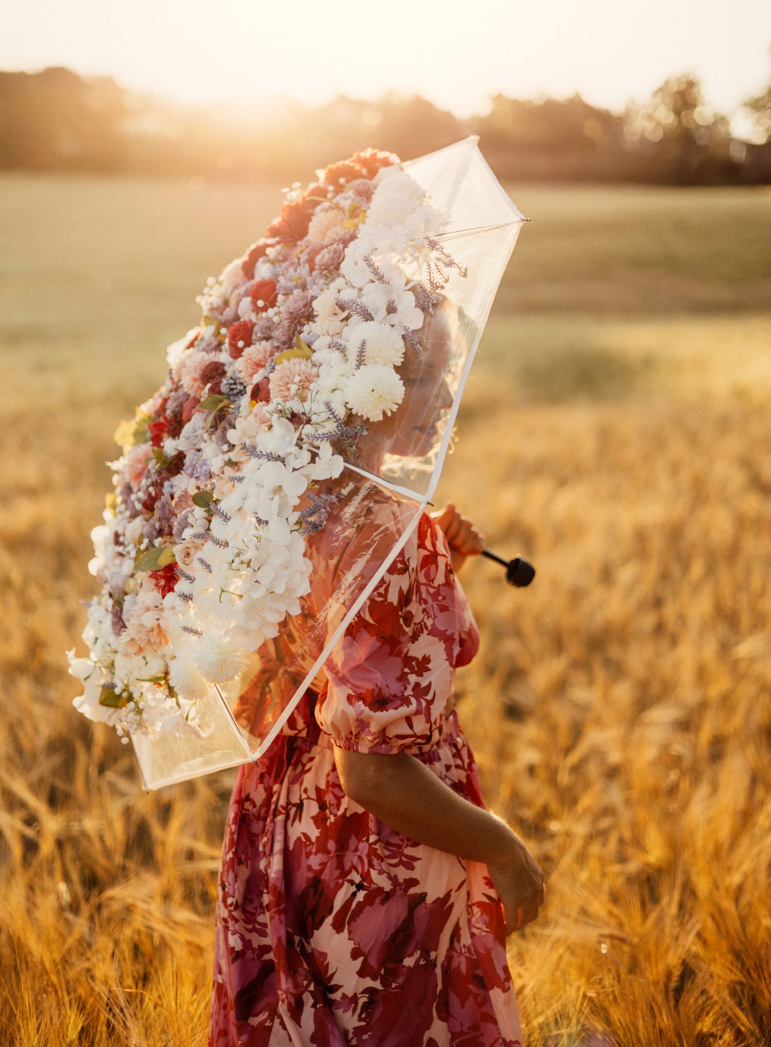 A floral parasol glows in golden sunlight against a wheat field backdrop.