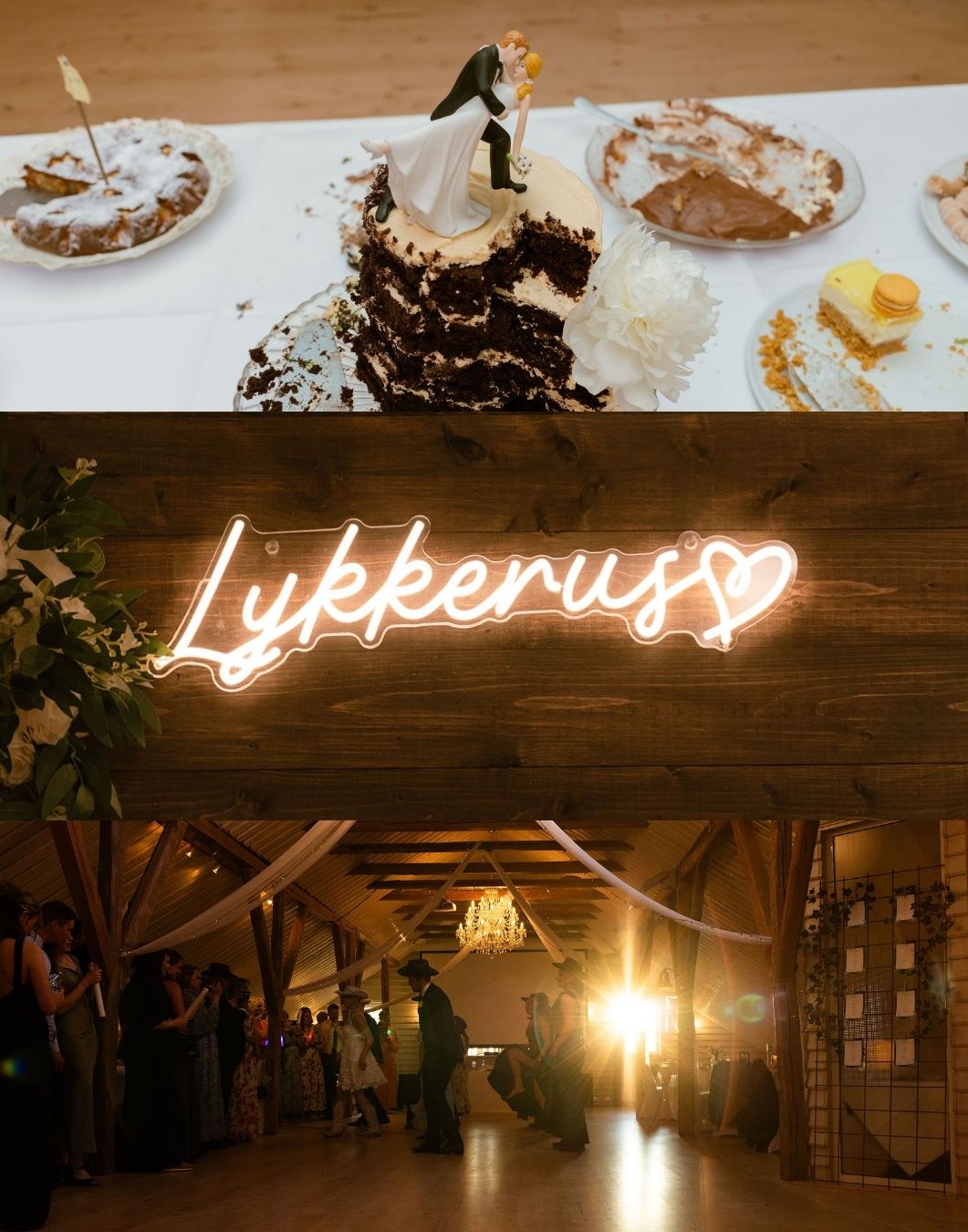 Rustic wooden barn interior with glowing neon cursive sign mounted on dark wood beams creates a warm ambiance.