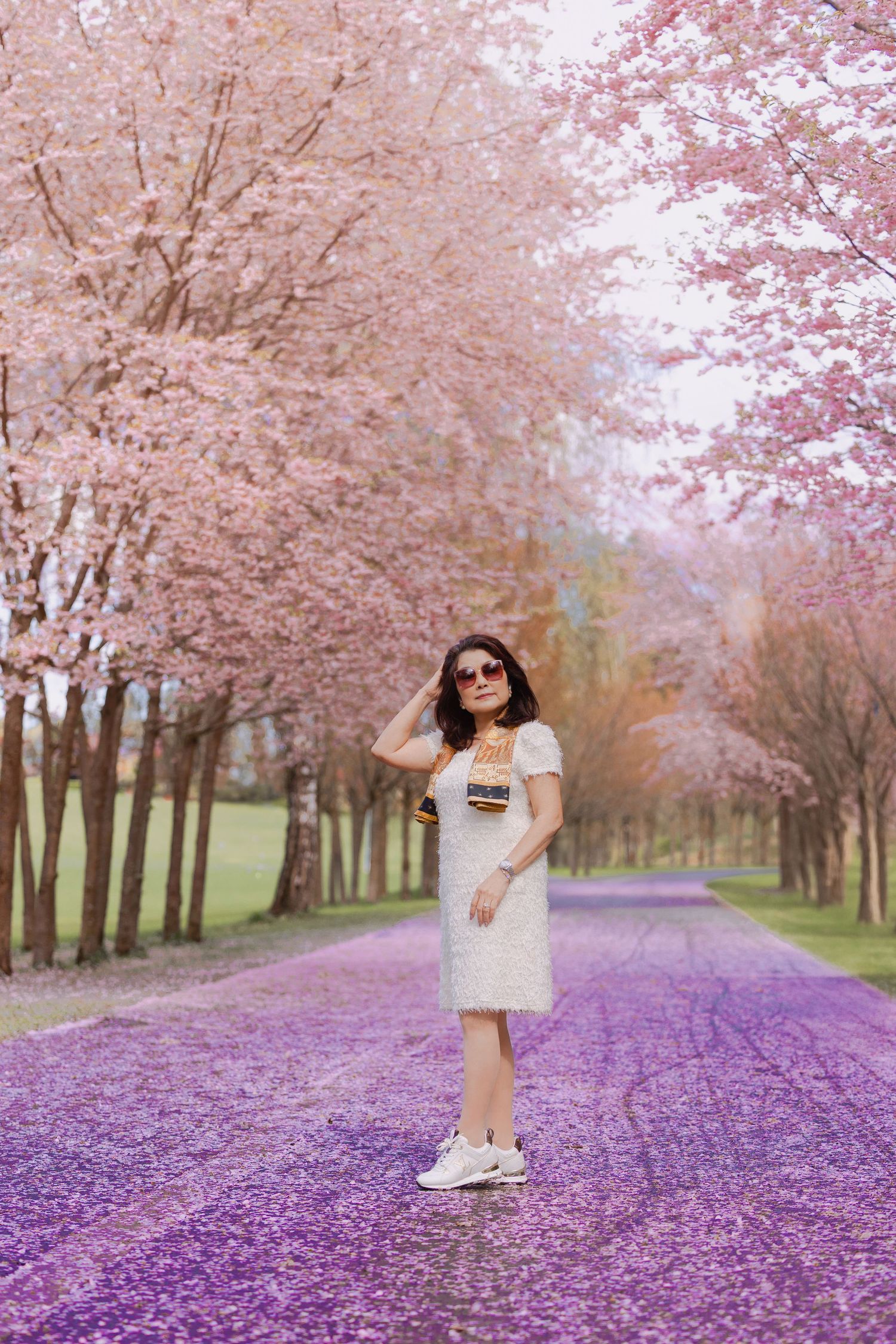 A person in a white dress and sunglasses poses on a purple path beneath blooming pink cherry blossom trees.