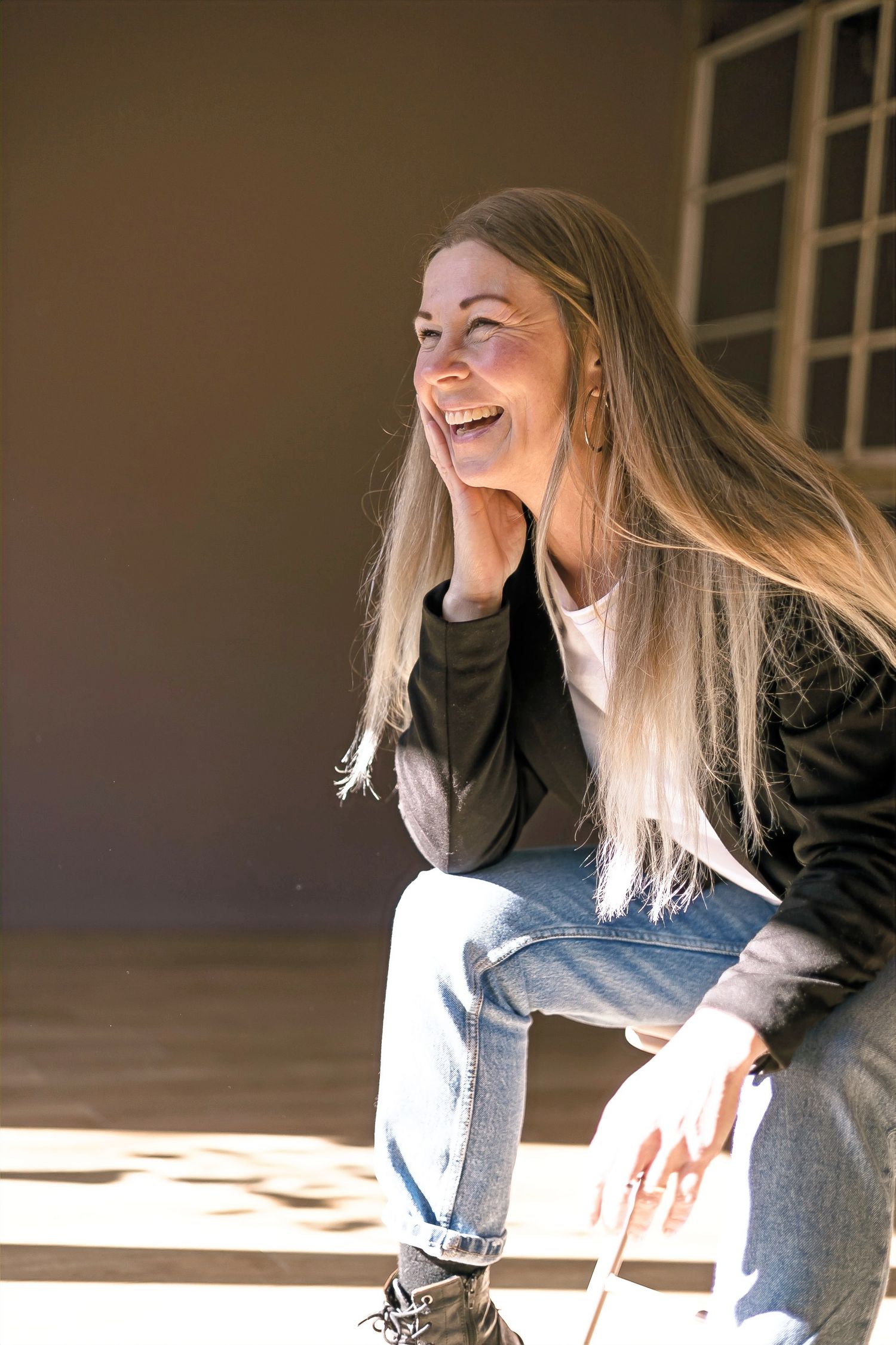 Sequence of joyful moments captured in natural sunlight against a neutral background.