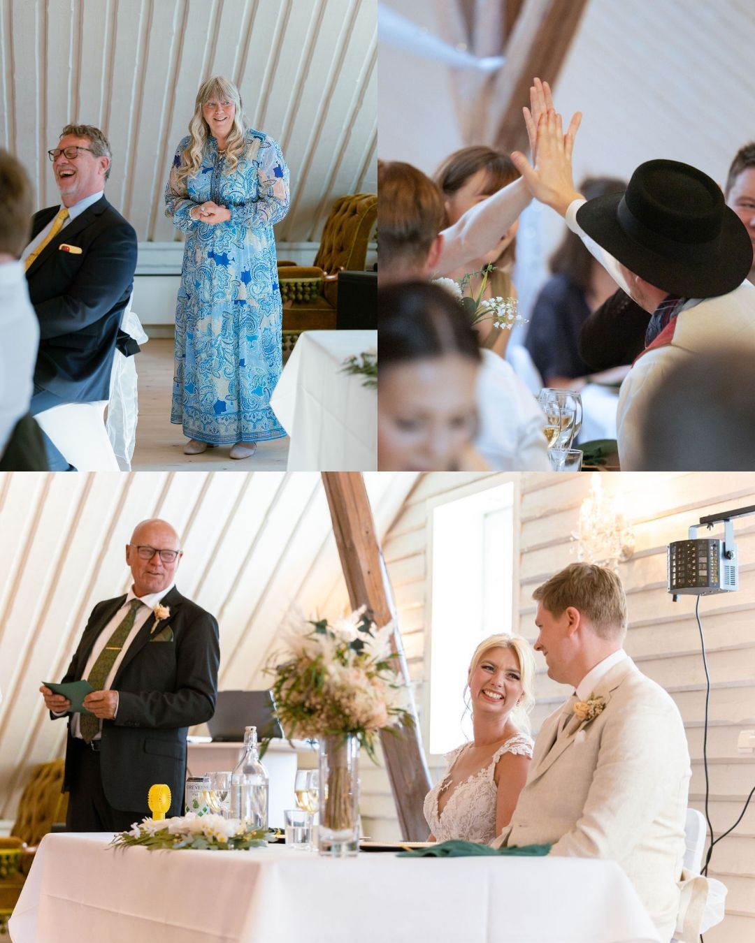 Wedding guests gathered at reception tables in an elegant white banquet hall with natural lighting.