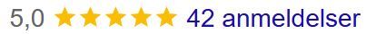 A five star rating display showing 5.0 out of 5 stars with 42 reviews in Norwegian text.