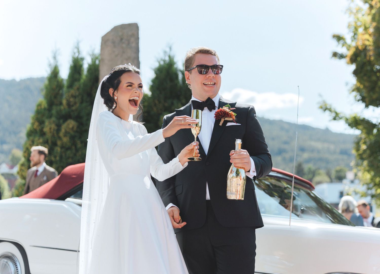 A couple in wedding attire clinks glasses during an outdoor celebration with scenic mountain views in the background.