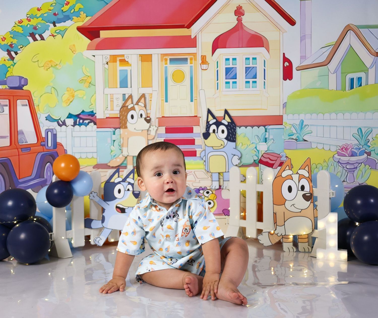 Baby boy sits in front of a colorful Bluey themed birthday backdrop with balloons and number one decoration.