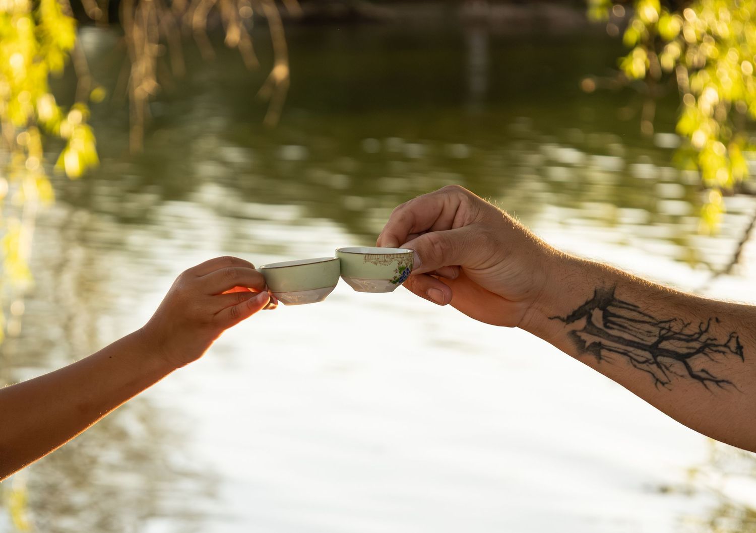 Two hands clinking small ceramic tea cups outdoors near a serene green lake, one hand featuring a tree tattoo.
