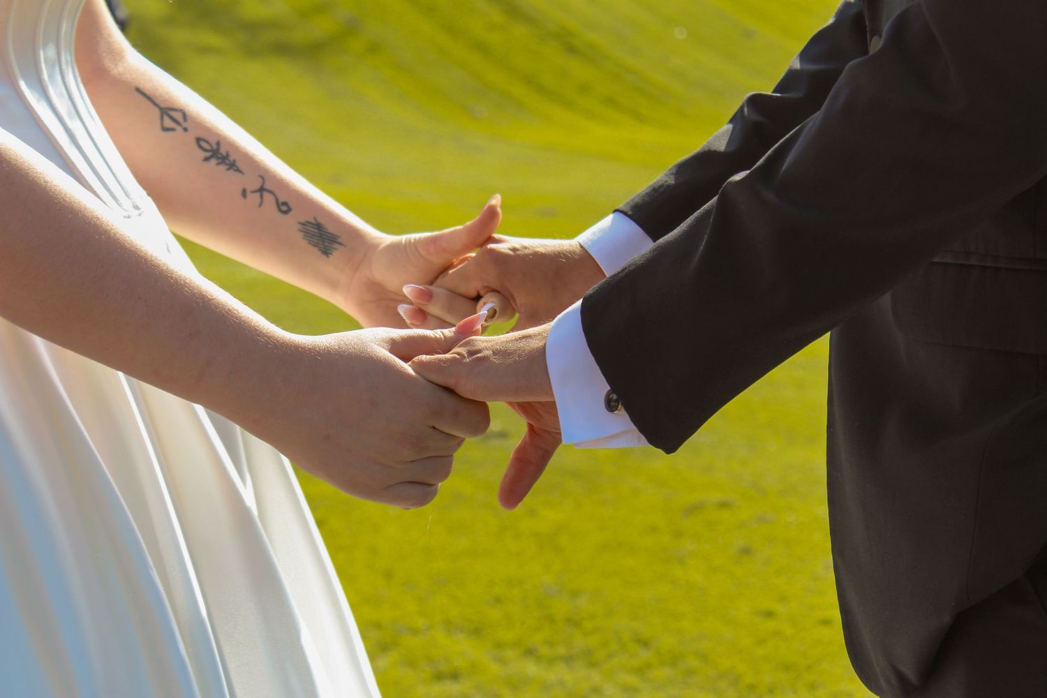 Groom placing a wedding ring on bride's finger during outdoor ring exchange ceremony on green lawn.
