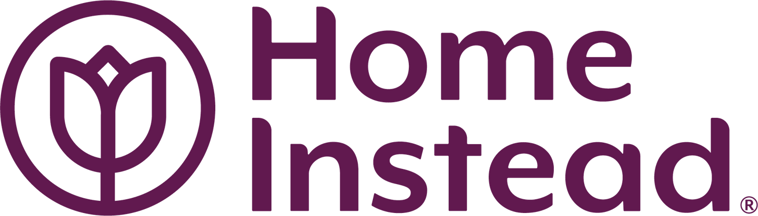 Purple logo for Home Instead with minimalist flower icon and company name.