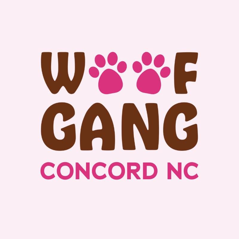 Pink and brown logo design for Woof Gang with paw prints in Concord NC.