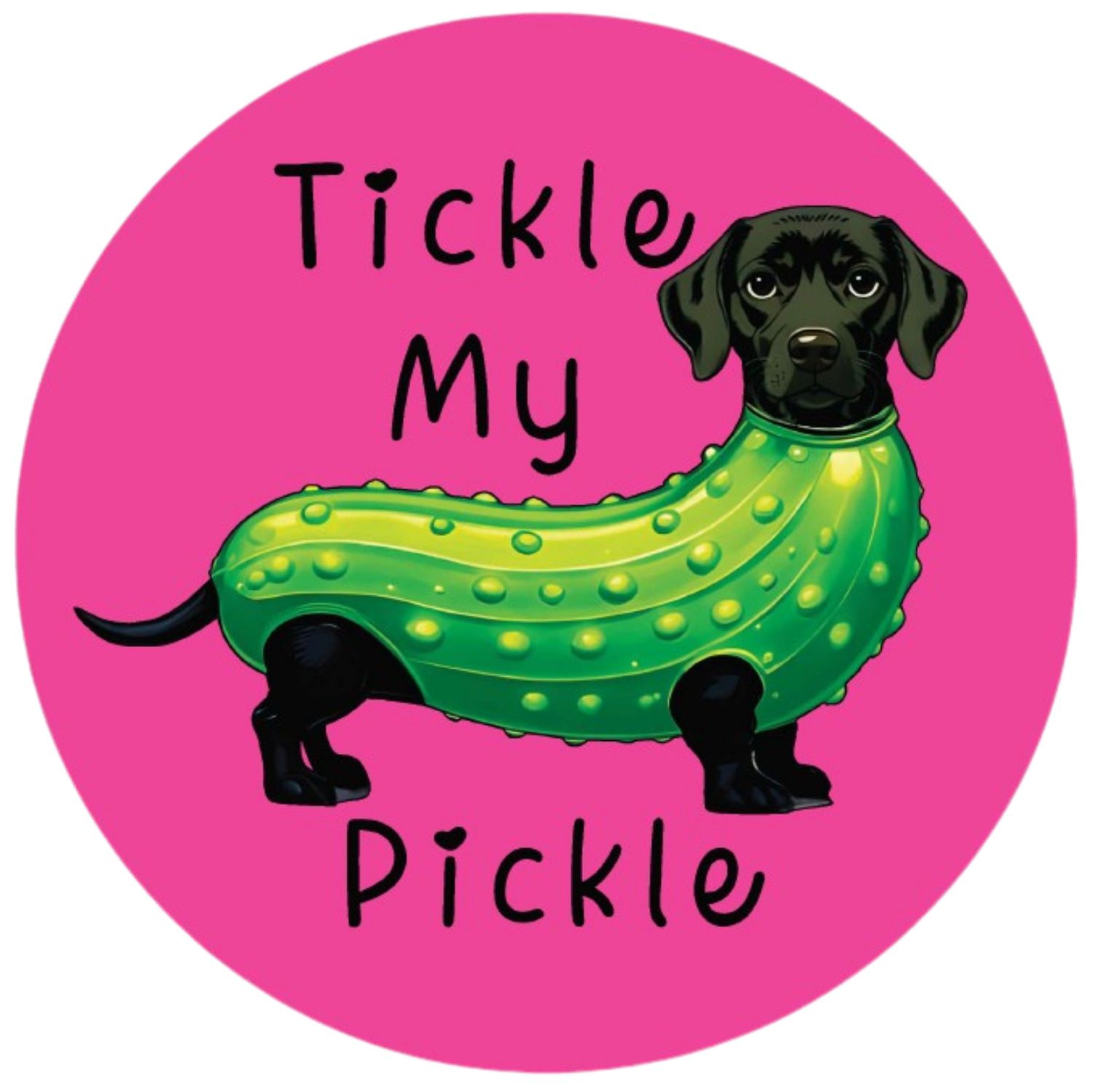 Tickle My Pickle Logo featuring a black dachshund wearing a green pickle costume on pink background.