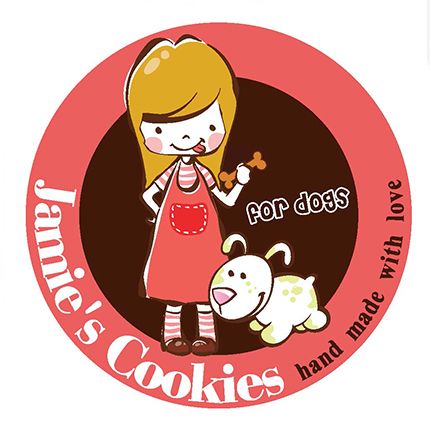 Cute illustrated red and pink oval badges featuring cartoon characters and pets in a whimsical style.