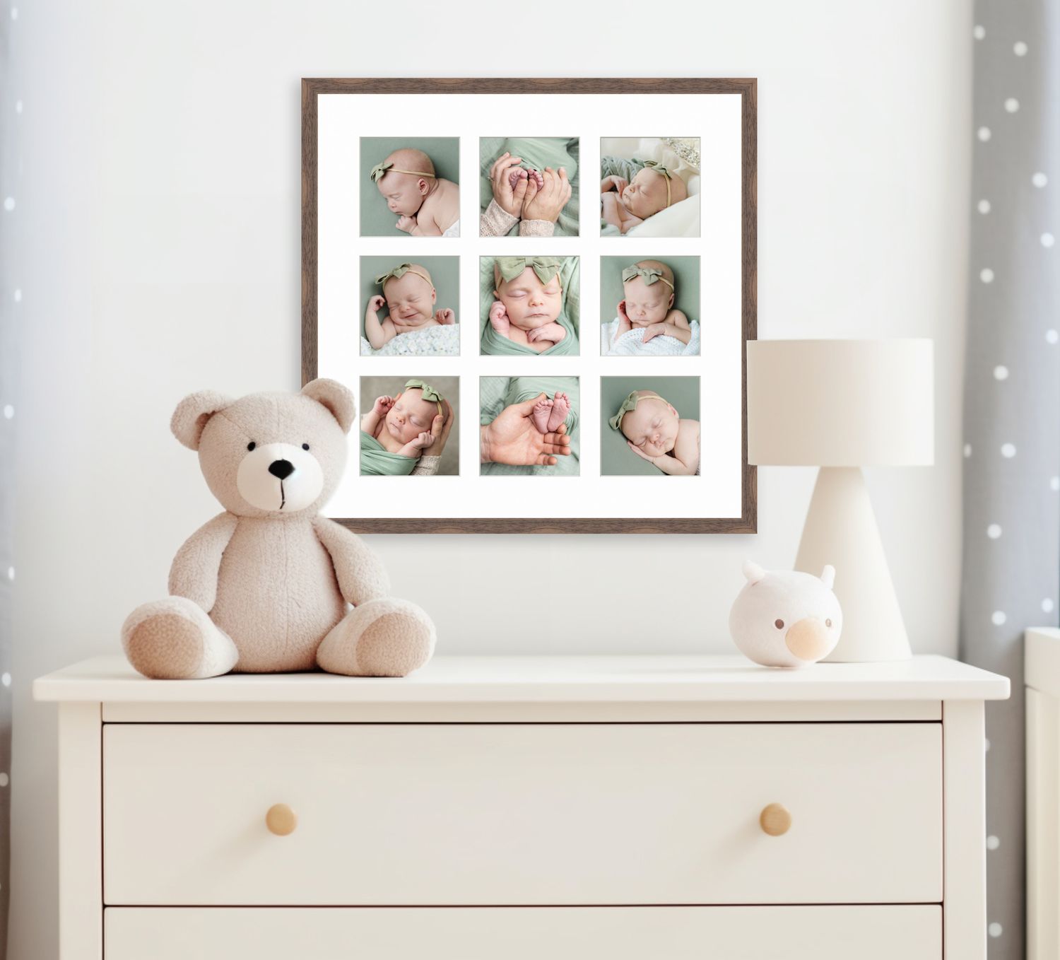 Modern nursery room interior with white furniture, framed wall art, and soft stuffed animals.