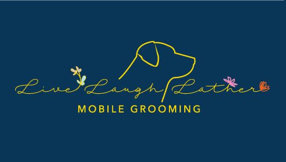 Dog grooming service logo with cursive text and yellow line art dog illustration.
