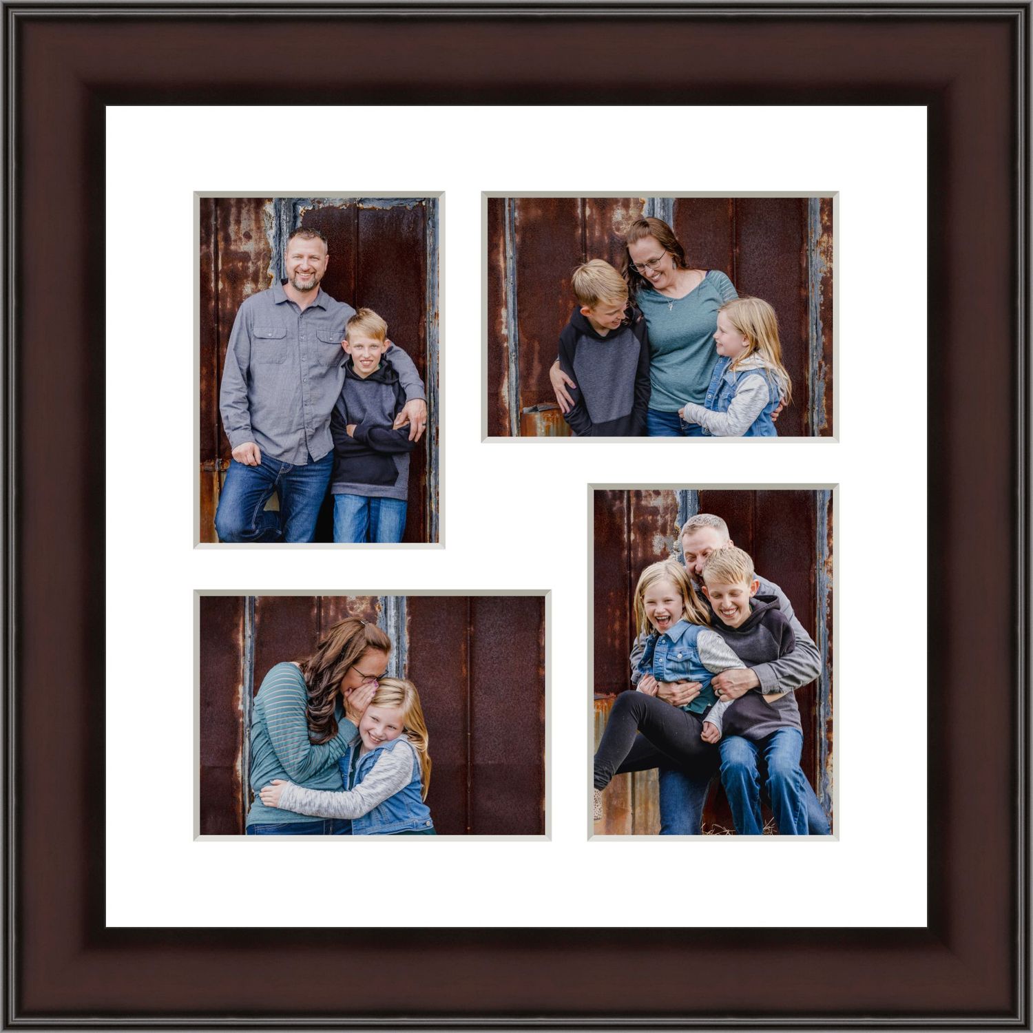 Dark wood collage frame displaying four family portrait photos with parents and children posing together against a rustic red backdrop.