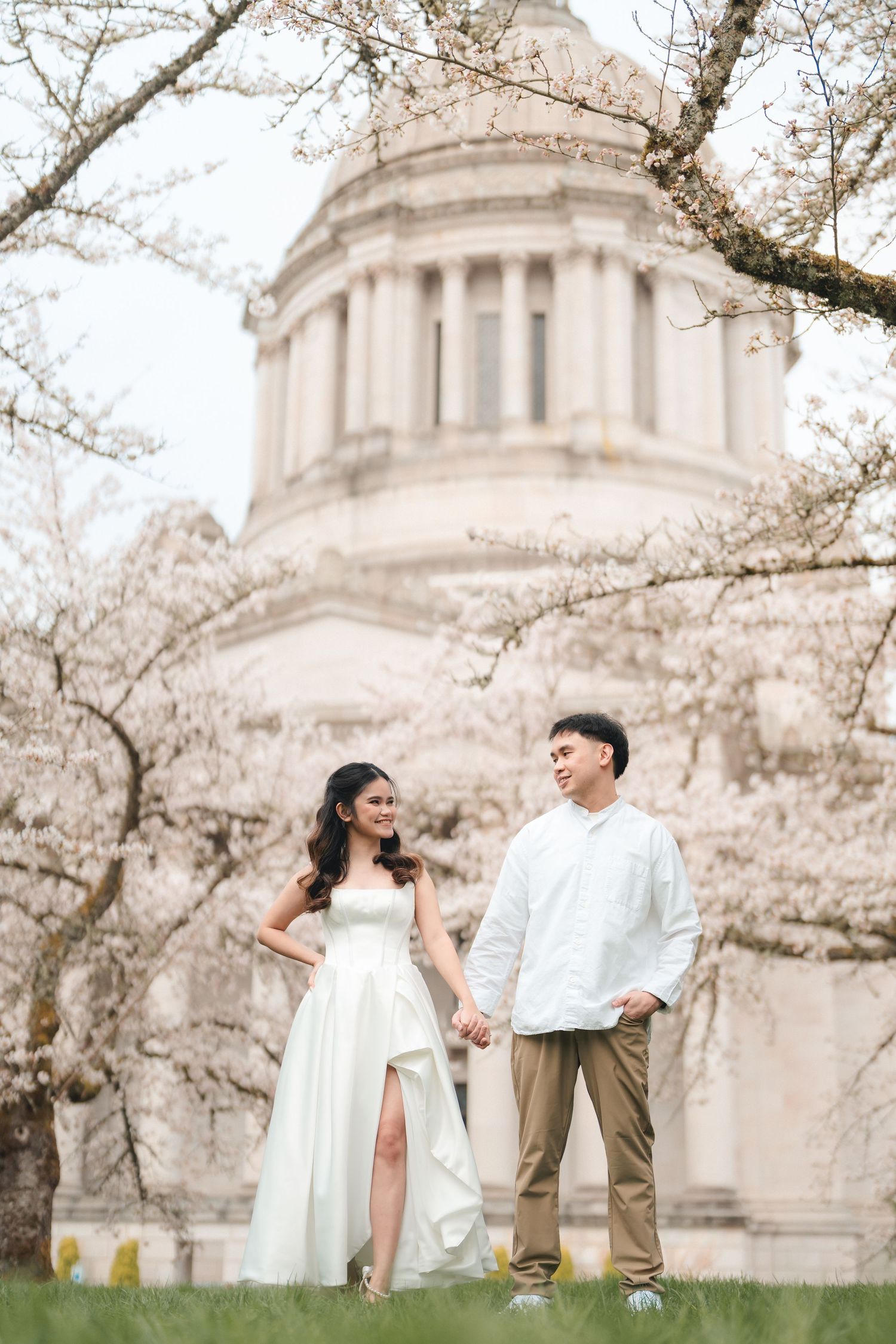 A couple shares romantic moments under blooming cherry blossoms near a domed building in Washington DC.