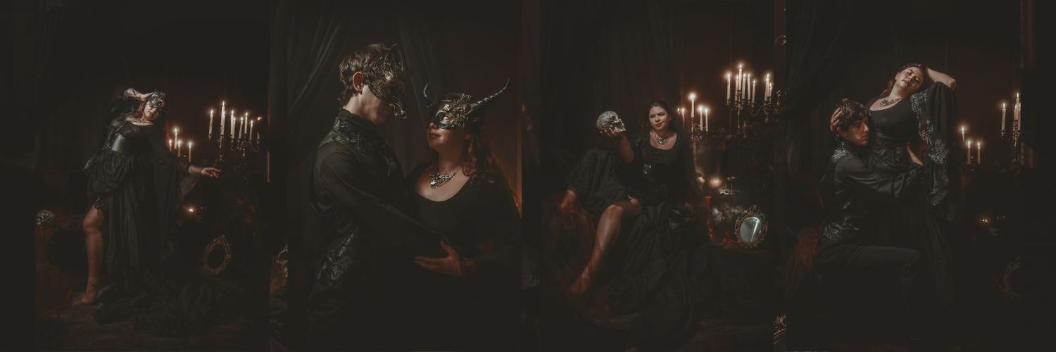 Dark Renaissance-style triptych featuring costumed figures with candles in a dramatic, moody theatrical scene.