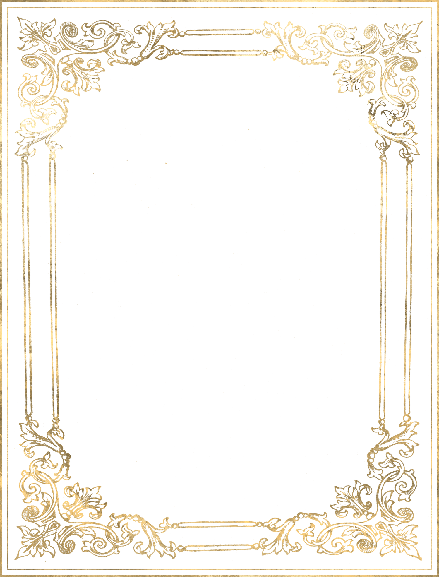 Elegant gold ornate border frame with intricate floral scrollwork corners on white background for certificates or invitations.