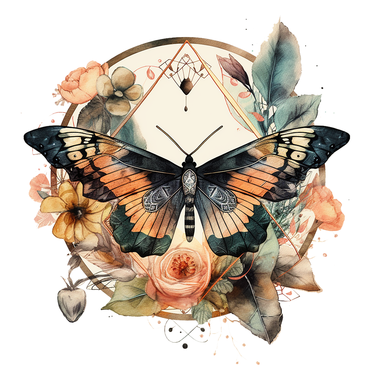Elegant butterfly design with peach roses and geometric shapes in vintage style.