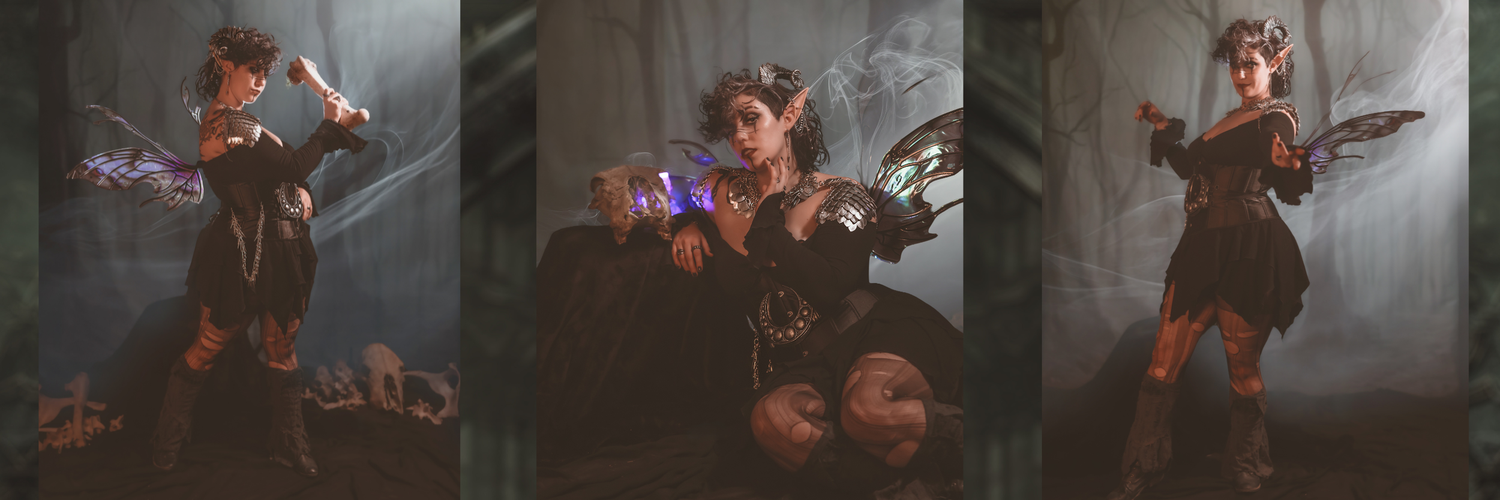 Fantasy cosplayer in dark fairy costume with glowing effects, dramatic lighting, and mystical forest background in triptych.