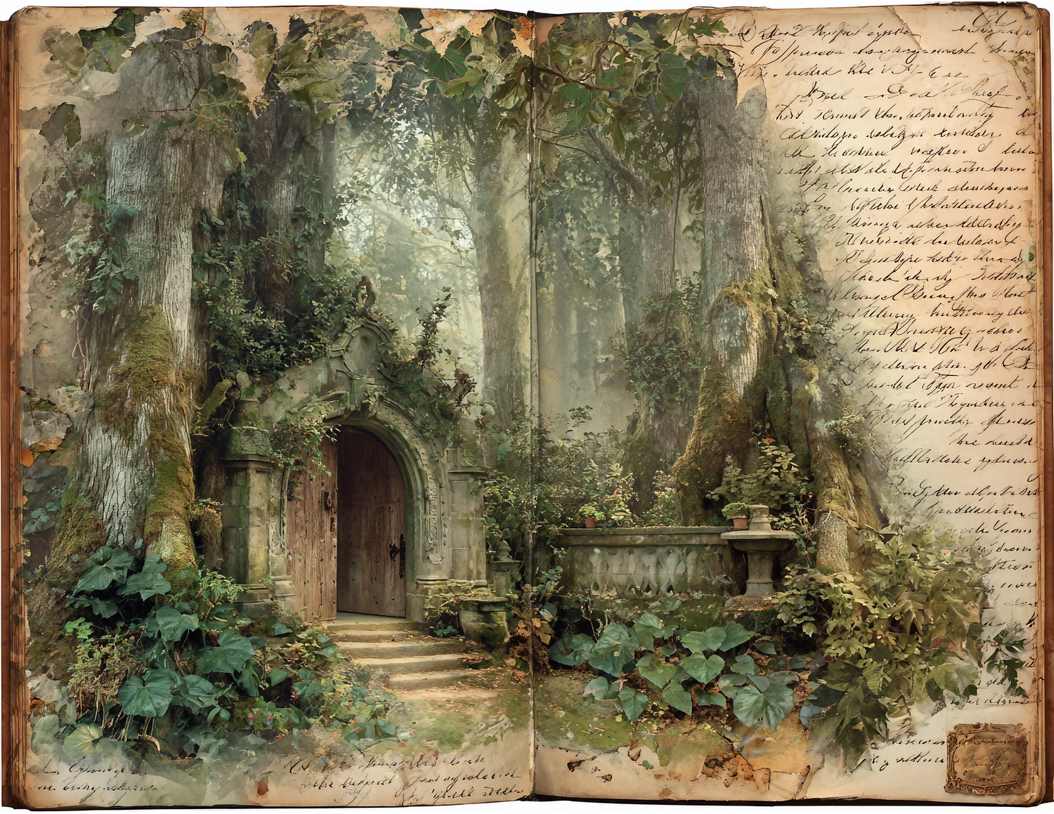 Antique book pages with handwritten text display watercolor illustrations of lush garden landscapes and stone archways.