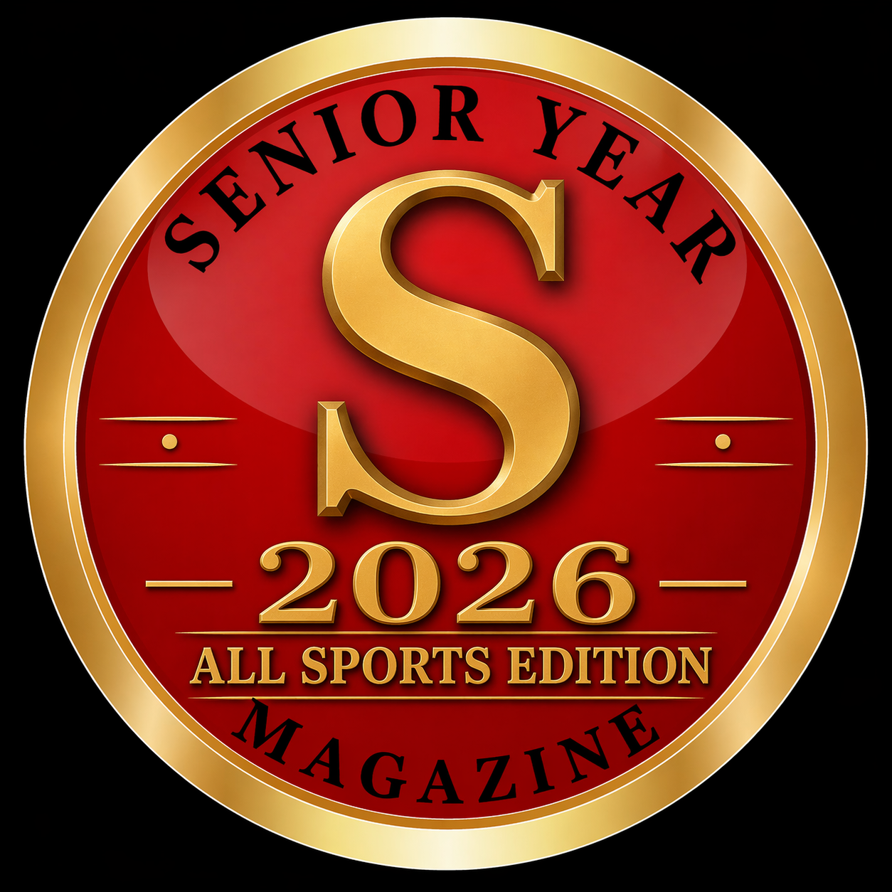 Gold and red Senior Year Magazine 2026 All Sports Edition commemorative coin badge with bold letter S centerpiece.