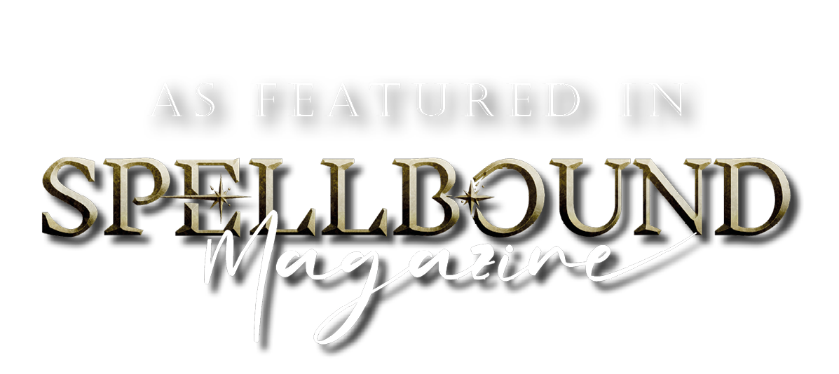 Text logo for Spellbound Magazine featuring elegant script and metallic lettering on black background.
