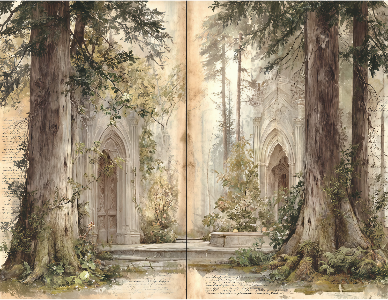 Watercolor painting of ancient Gothic stone arches surrounded by towering trees and lush greenery in a mystical forest setting.
