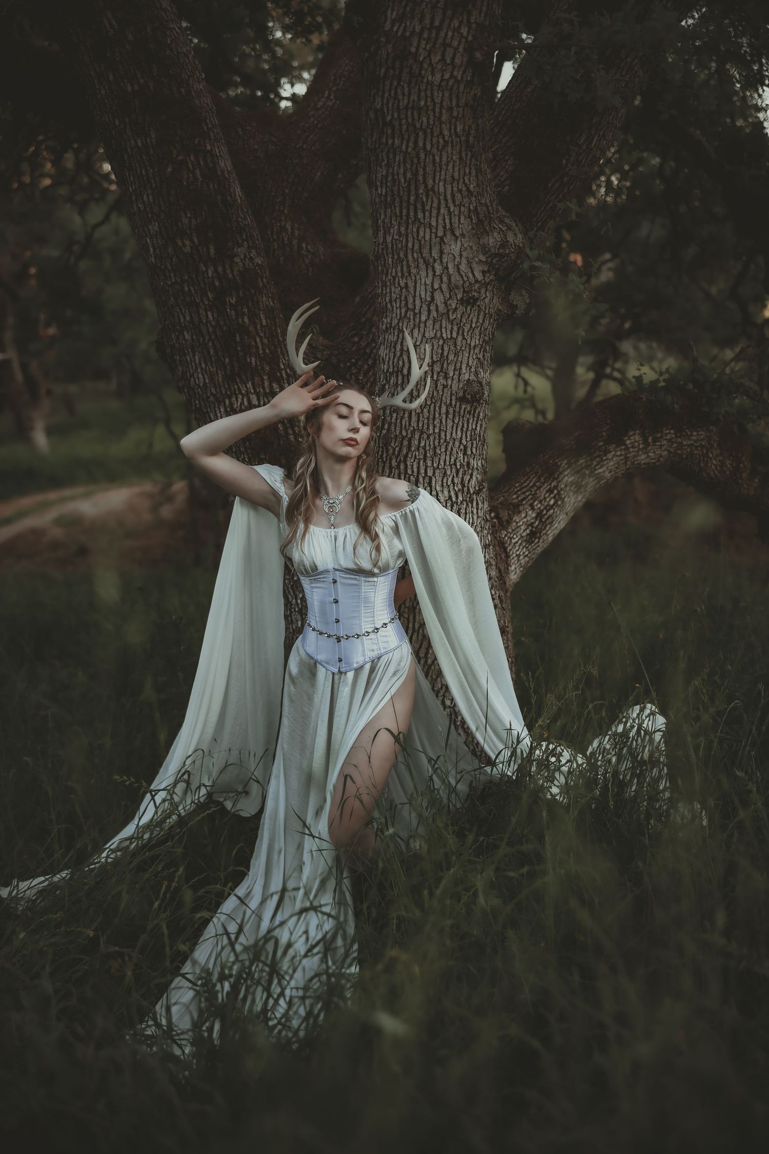 White gowned antlered faery woman, ethereal, fantasy, fairytale