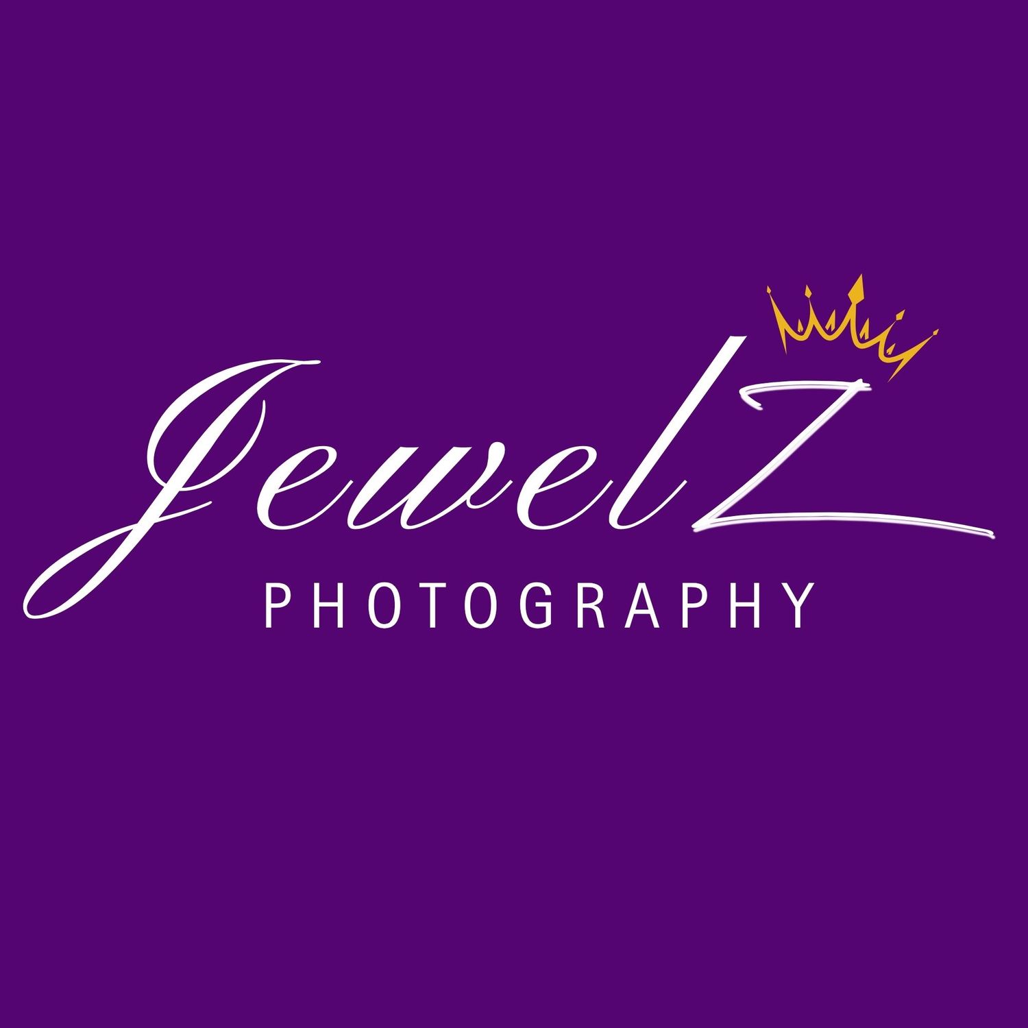 JewelZ Photography logo with elegant script lettering and gold crown accent on purple background.