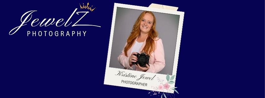 JewelZ Photography logo banner featuring photographer Kristen Jewel holding a camera on a navy blue background.