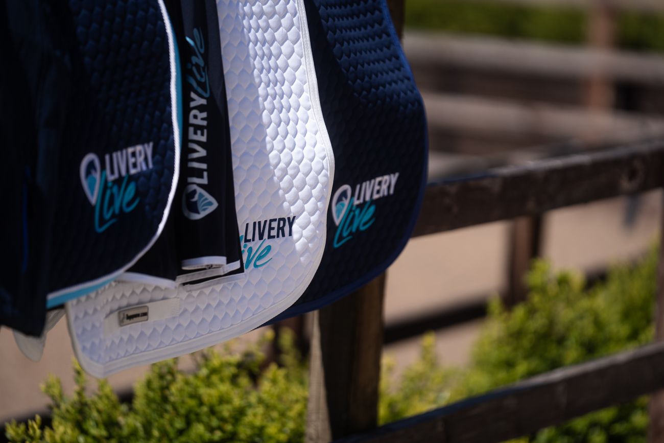 Navy and white LiveryLive branded horse saddle pads displayed on a fence rail in an equestrian setting.