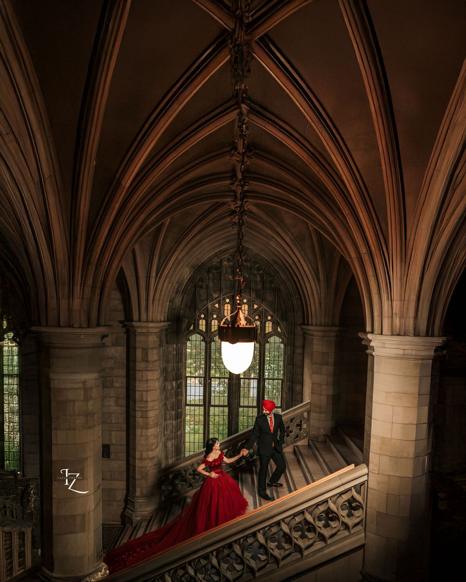 Fashion-inspired pre-wedding shoot at Knox College with stunning Punjabi couple in formal attire