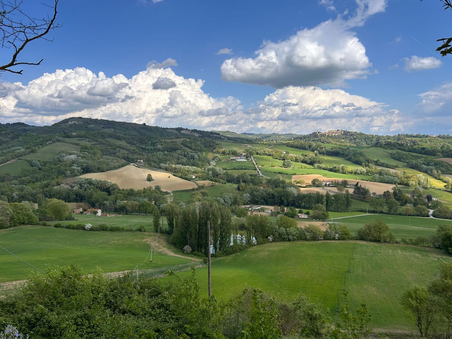 Panoramic view of rolling green hills and farmland under a blue sky with white clouds in the Italian countryside.